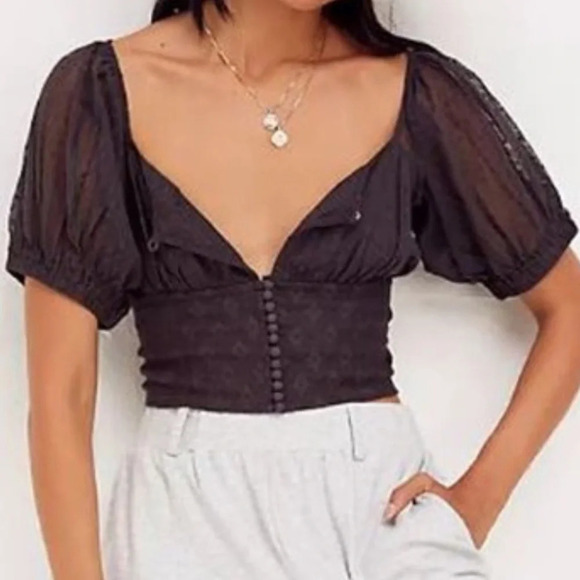Free People Puff Sleeve Semi Sheer Heartstrings Blouse - Picture 1 of 10